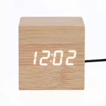 Часы - будильник электронные "Цифра" настольные с термометром, деревянные, 6.5 см, ААА, USB