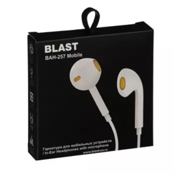 Наушники Blast BAH-257 Mobile, вкладыши, микрофон, управление, 32 Ом, 3.5 мм, 1.2м, белые