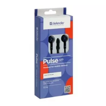 Наушники Defender Pulse 420, вакуумные, микрофон, 105 дБ, 32 Ом, 3.5 мм, 1.2 м, чёрно-синие