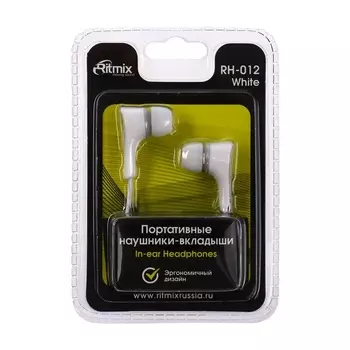 Наушники Ritmix RH-012, вакуумные, проводные, 100 дБ, 32 Ом, 3.5 мм, 1.2 м, белые