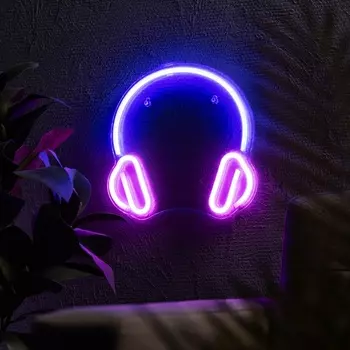 Неоновая вывеска «Наушники» 27 x 27 см, USB, свечение розово-синее