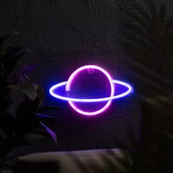 Неоновая вывеска "Планета", 30x17.5 см, AAx3+USB, свечение розово-синее