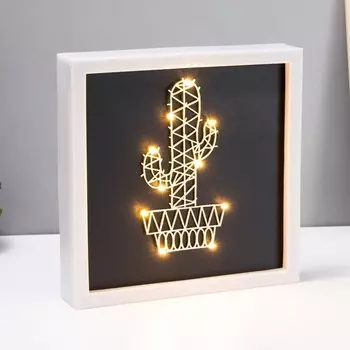 Световая картина-ночник RISALUX «Кактус», LED, от USB, от батареек 3хАА, белый, 24.524.53.5 см