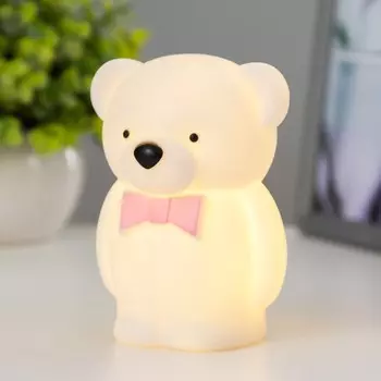 Фигурка светящаяся RISALUX «Мишка с бантом», LED-ночник, 2 Вт, от батареек 3LR=44, бело-розовый, 5.57.511 см