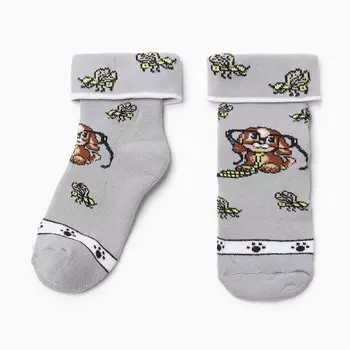 Носки детские махровые, цвет серый, принт МИКС, размер 20-22