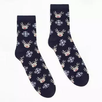 Носки новогодние мужские «Олени и снежинки» цвет синий, размер 27