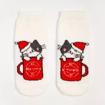 Носки женские махровые «Котик в кружке», цвет белый, размер 36-40