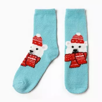 Носки женские новогодние махровые "Медведь в шарфике", цвет голубой, размер 36-40