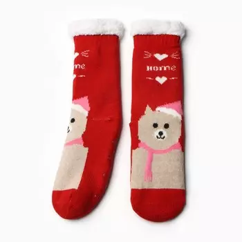 Носки женские новогодние с мехом, цвет красный/мишка, размер 36-40