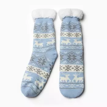 Носки женские новогодние с мехом, цвет голубой, размер 36-40
