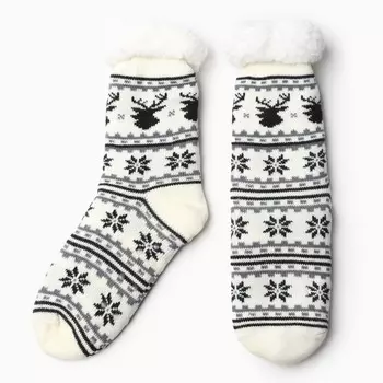 Носки женские новогодние с мехом внутри "Снежинки с оленем", цвет белый, размер 36-40