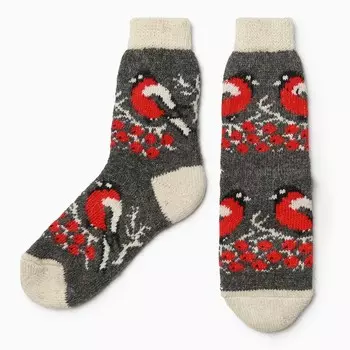 Носки женские новогодние шерстяные «Снегирь в снегу», серые, размер 23