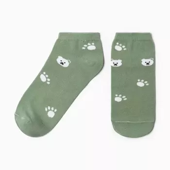 Носки женские укороченные "Медвежата", цвет белый/оливковый, р-р 23-25