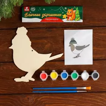 Новогоднее ёлочное украшение под раскраску «Птичка» + краски 6 цв по 3 г, 2 кисти