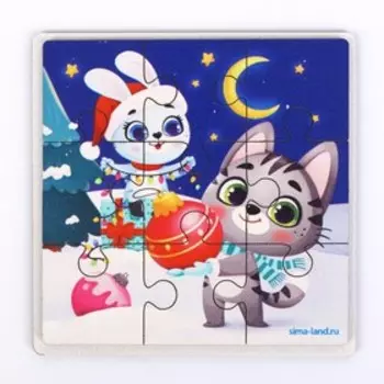 Пазлы деревянные на новый год «Зайка и котик», 9 деталей