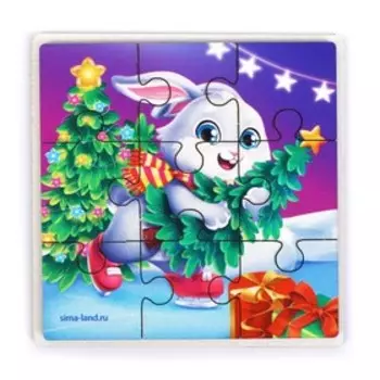 Пазл на новый год «Зайка спешит на праздник», 9 деталей