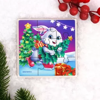 Пазл на новый год «Зайка спешит на праздник», 9 деталей