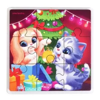 Дервянные пазлы на новый год «Зверята украшают ёлочку»