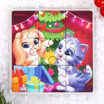 Дервянные пазлы на новый год «Зверята украшают ёлочку»