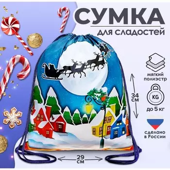 Новогодний мешок под сладости 290 x 340 мм "Новогодний пейзаж" (мягкий полиэстер плотностью 210D)