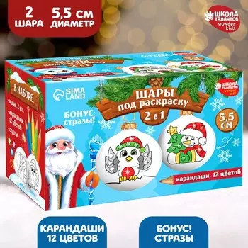 Ёлочные шары под раскраску на новый год «Волшебный праздник», 2 шт, d = 5,5 см, набор для творчества