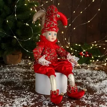 Новогодний шут «В нарядном костюмчике» музыкальный, шевелит головой, 46 см, красный