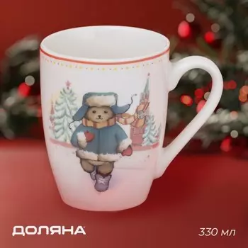 Кружка новогодняя Доляна «Московский мишка», 330 мл, для чая, фарфор, 128,511 см, белая