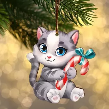 Ёлочная игрушка - подвеска деревянная «Новый год! Милый котик»