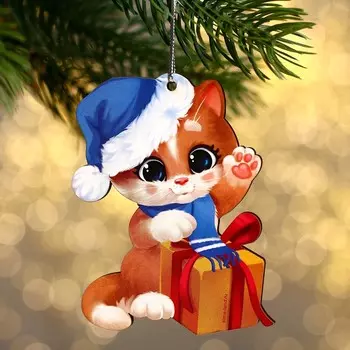 Ёлочная игрушка - подвеска деревянная «Новый год! Праздник у котика»