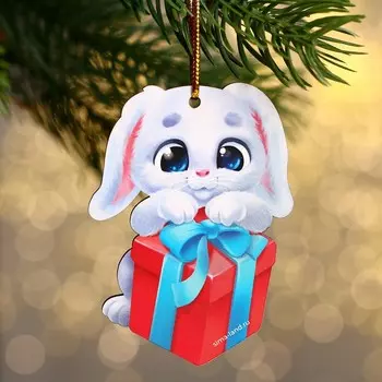 Ёлочная игрушка - подвеска деревянная «Новый год! Зайка с подарком»