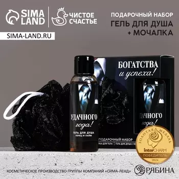 Подарочный набор новогодний мужской «Богатства и успеха», гель для душа 100 мл и мочалка для тела, Чистое счастье