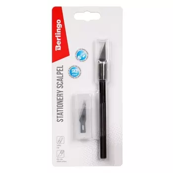 Нож-скальпель канцелярский Berlingo, металлический корпус черно цв, европод, + 5 лезвий