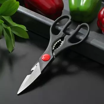 Ножницы кухонные Доляна «Помощник», 20 см, с открывалкой для бутылки, чёрные