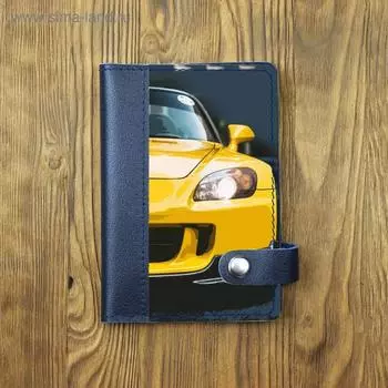 Обложка на автодокументы на кнопке комбинированная белая вставка "Желтый авто", синяя