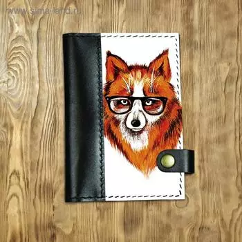 Обложка на автодокументы на кнопке, комбинированная "Лис в очках", черная