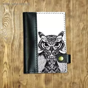 Обложка на автодокументы на кнопке, комбинированная "Совушка", черная