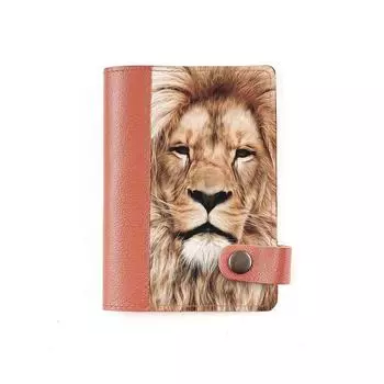 Обложка на автодокументы на кнопке комбинированная "Спокойный лев", рыжая белая вставка