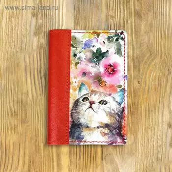 Обложка на паспорт комбинированная "Цветы и кот" красная, белая вставка