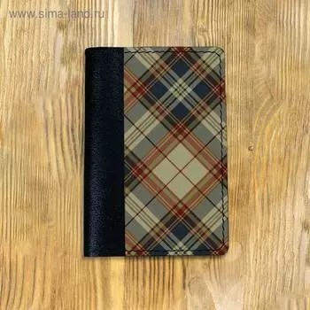 Обложка на паспорт комбинированная "Клетка бежевая диагональная" черная, черная вставка