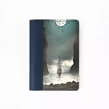 Обложка на паспорт комбинированная "Корабль туман", синяя белая вставка 9,5х13,3х0,3см