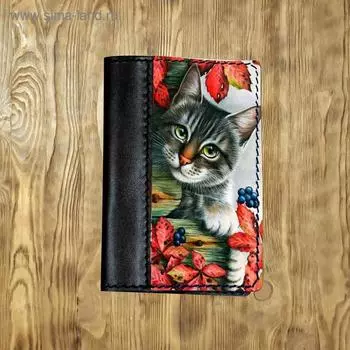 Обложка на паспорт комбинированная "Кот" черная