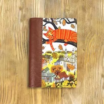 Обложка на паспорт комбинированная "Кот на дереве", рыжая