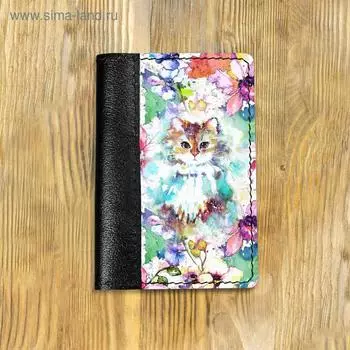 Обложка на паспорт комбинированная "Кот в цветах" черная, белая вставка