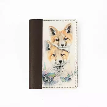 Обложка на паспорт комбинированная "Лисята акварель", шоколад белая вставка 9,5х13,3х0,3см