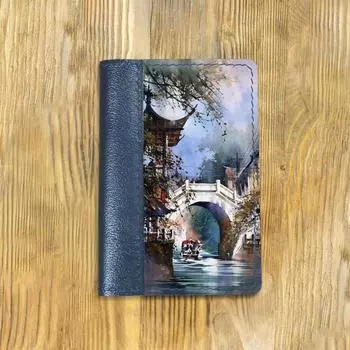 Обложка на паспорт комбинированная "Мостик на реке", синяя