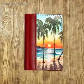 Обложка на паспорт комбинированная "Пальмы на закате" красная