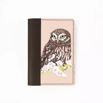Обложка на паспорт комбинированная "Сова и цветы", шоколад белая вставка 9,5х13,3х0,3см
