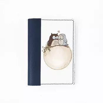 Обложка на паспорт комбинированная "Совы парочка", синяя белая вставка 9,5х13,3х0,3см