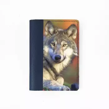Обложка на паспорт комбинированная "Волк крупно", синий 9,5х13,3х0,3см
