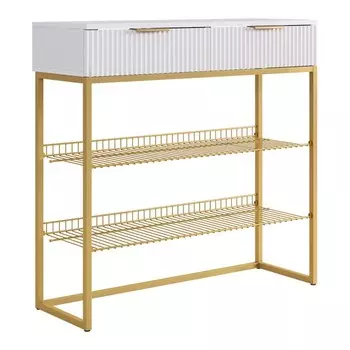 Обувница в прихожую «Классная 1», 2 ящика, 2 полки, 952335907 мм, цвет белое дерево/белый матовый/золото